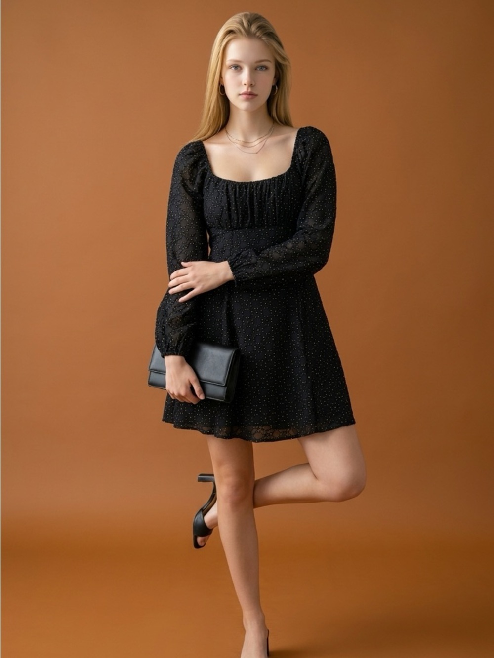 Lilly Rose Black Long-Sleeve Square Neck Mini Dress
